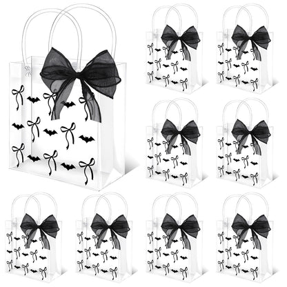 Whaline 12 Pcs Halloween Clear PVC Gift Bags with Handles Ribbon Black Bats Bow Coquette Party Favor Bags Trick or Treat Tote Candy Bag for Holiday Birthday Baby Shower Halloween Party Supplies