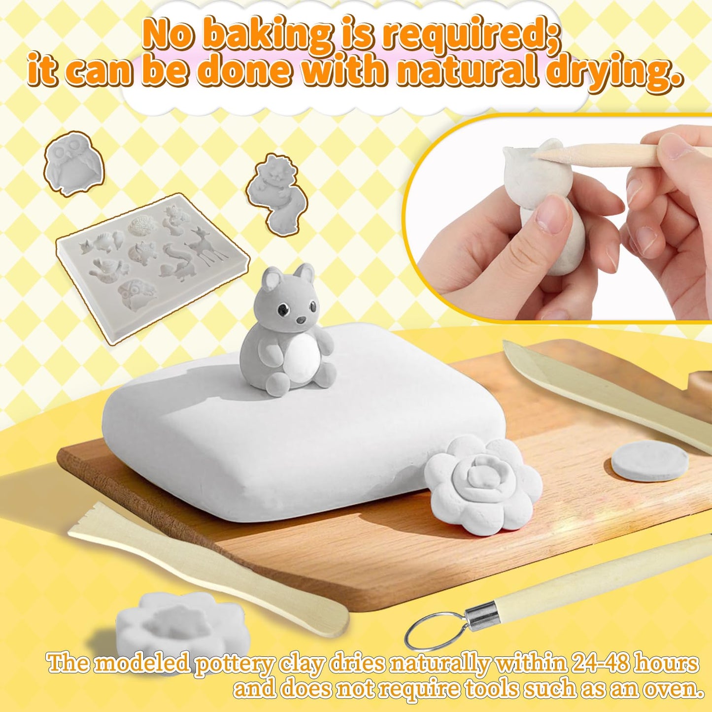 GOVOY Air Dry Clay Pottery Kit DIY Clay Kit for Beginners Handmade Pottery at Home with 12pcs of Paints Wooden Sculpting Tools Animal Mold Kids Adults Arts and Crafts Set