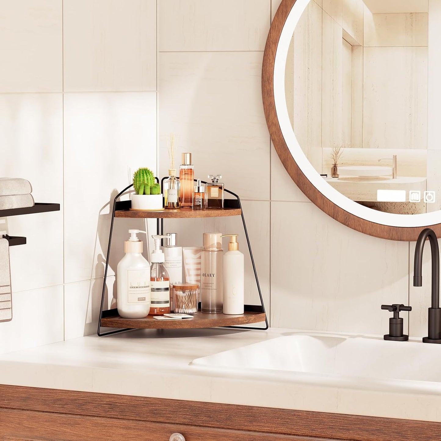 Puricon 2 Tier Corner Bathroom Counter Organizer, Wood Vanity Shelf for Skincare Storage, Brown Bathroom Organizers