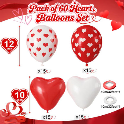Valentines Day Balloons 60 Pack Red White Heart Shaped Balloons Set Romantic Heart Print Latex Balloon for Sweet Galentines Proposal Engagement Wedding Bridal Shower Mothers Day Party Decorations