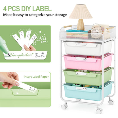 SYKIARIOL Rolling Cart with 4 Drawers,4 Tiers Rolling Utility Cart Craft Cart,Rolling Storage Drawer Cart with Mesh Top,Storage Cart with Drawers & 4 PCS DIY Lable, Classic Colorful