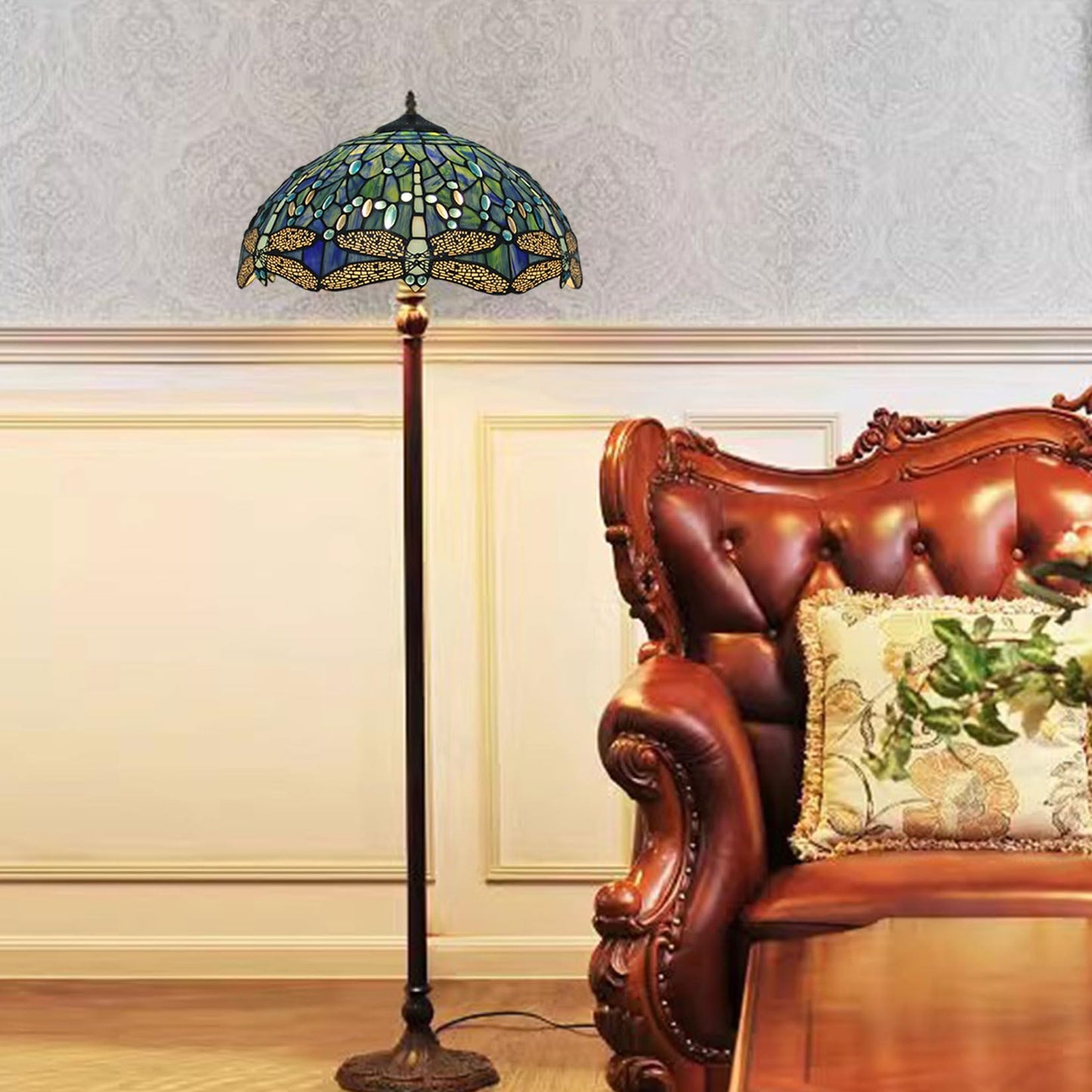 16 Inch Tiffany Style Stained Glass Lamp Shade Replacement Vintage Dragonfly Lampshades Only with Cap Fit for Bedside Reading Lamp Study Light Kitchen Lamp Dining Room Lamp Floor Lamp,Blue
