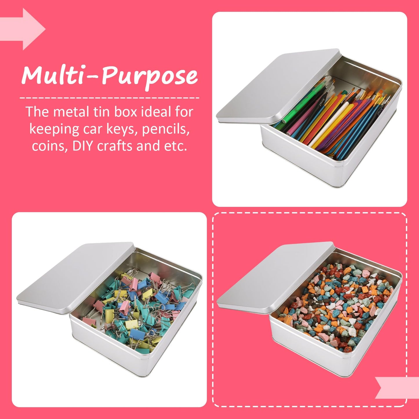 2Pcs Metal Tin Box, 8.6”x 6.3”x 2.5”Rectangular Empty Tin Box Containers with Lids, Large Tinplate Containers for Home Organizer, Gifts, Cookies, Pencil Case, Car Keys, Craft Storage, Silver Tone