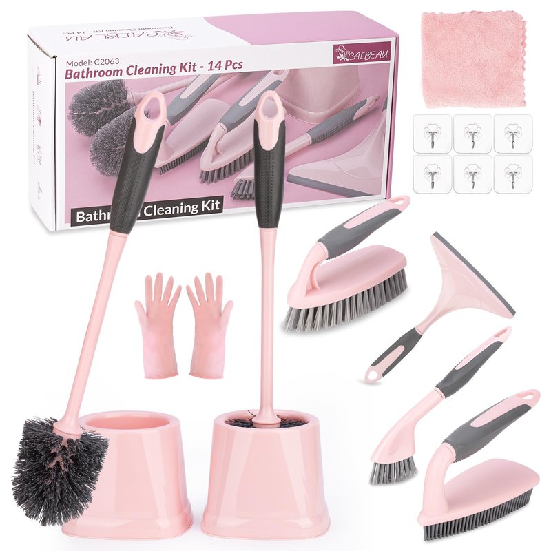 CALBEAU Toilet Brush, 2 Pack Toilet Scrubber Brush and Holder Set Bathroom Accessories, 14 Pcs Bathroom Cleaning Kit, Pink Toilet Bowl Brush and Holder with 5 Brush for Bathroom Bathtub Washbasin