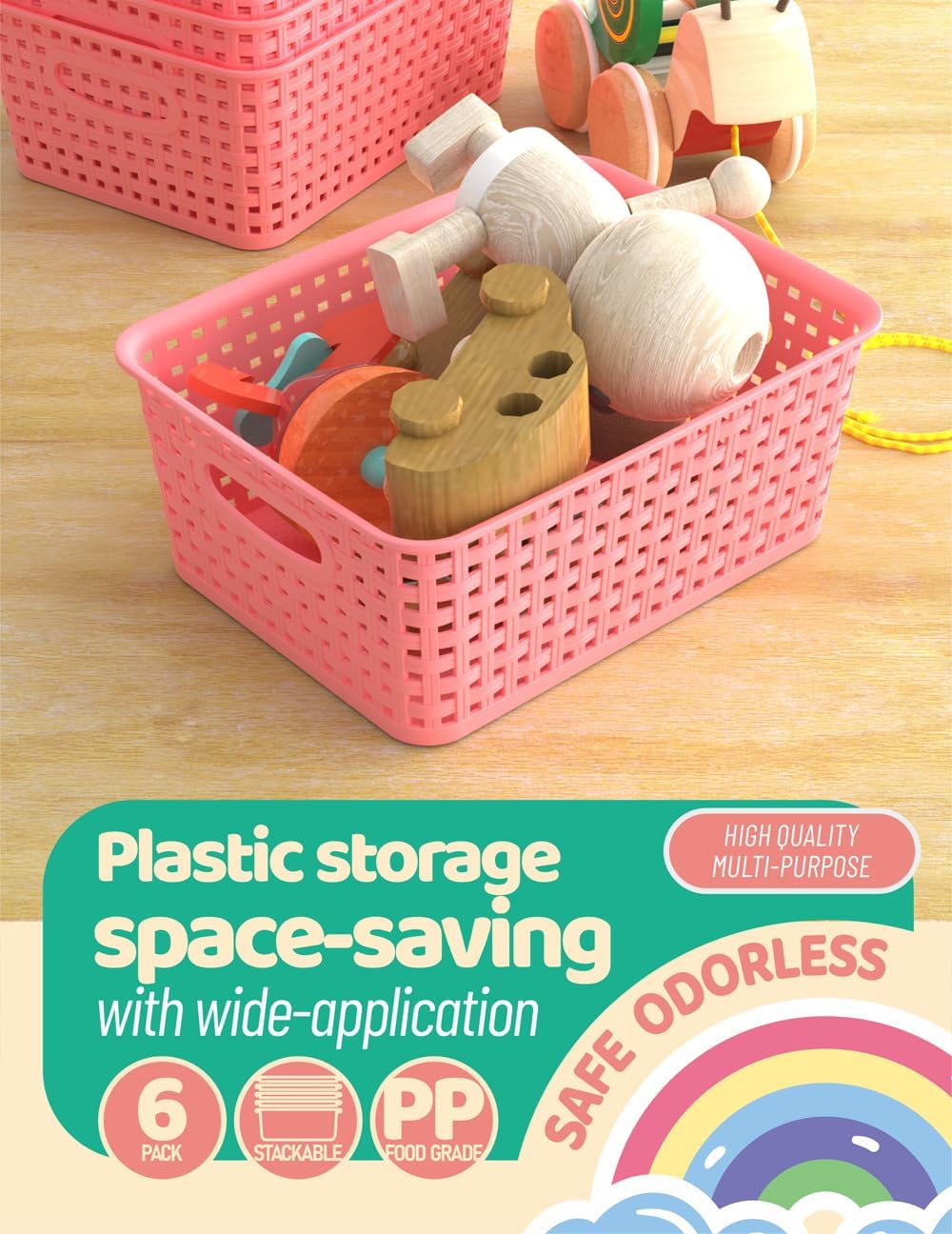 WYT 6-Pack Plastic Small Shelf Storage Weave Baskets, Organizing for Cabinets and Pantries, Pink