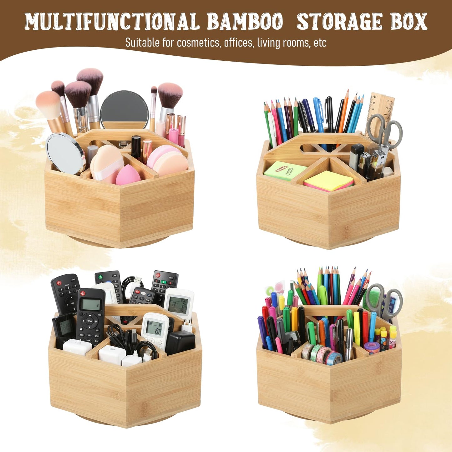 Bamboo Rotating Art Supply Desk Organizer, Rotating Marker Organizer for Alcohol Markers, Office Supplies Desktop Storage Caddy, 360-Degree Rotatings Bamboo Storage for Pencils, Pen, Paint Brushes