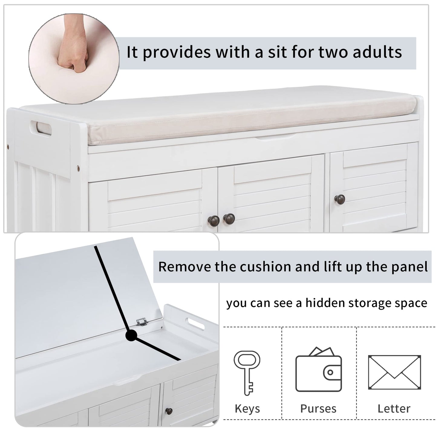Merax Rustic Storage Bench with Removable Cushion Multifunction Shoe Cabinets for Entryway Hallway Front Door White