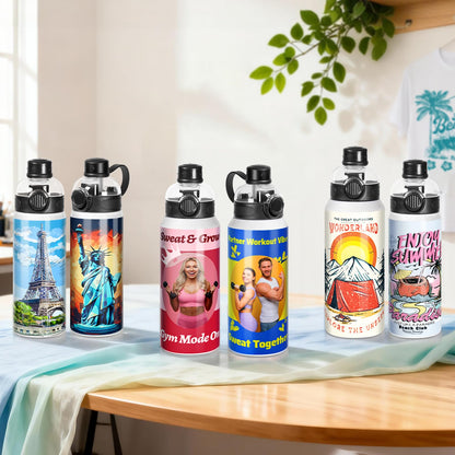 PYD Life 8 Pack Sublimation Sports Water Bottle Blanks 24 OZ 720 ML White Tumblers Cups Vacuum Flask Jug with Straw Spout Pop Lid and Silicone Handle for Sublimation Printing