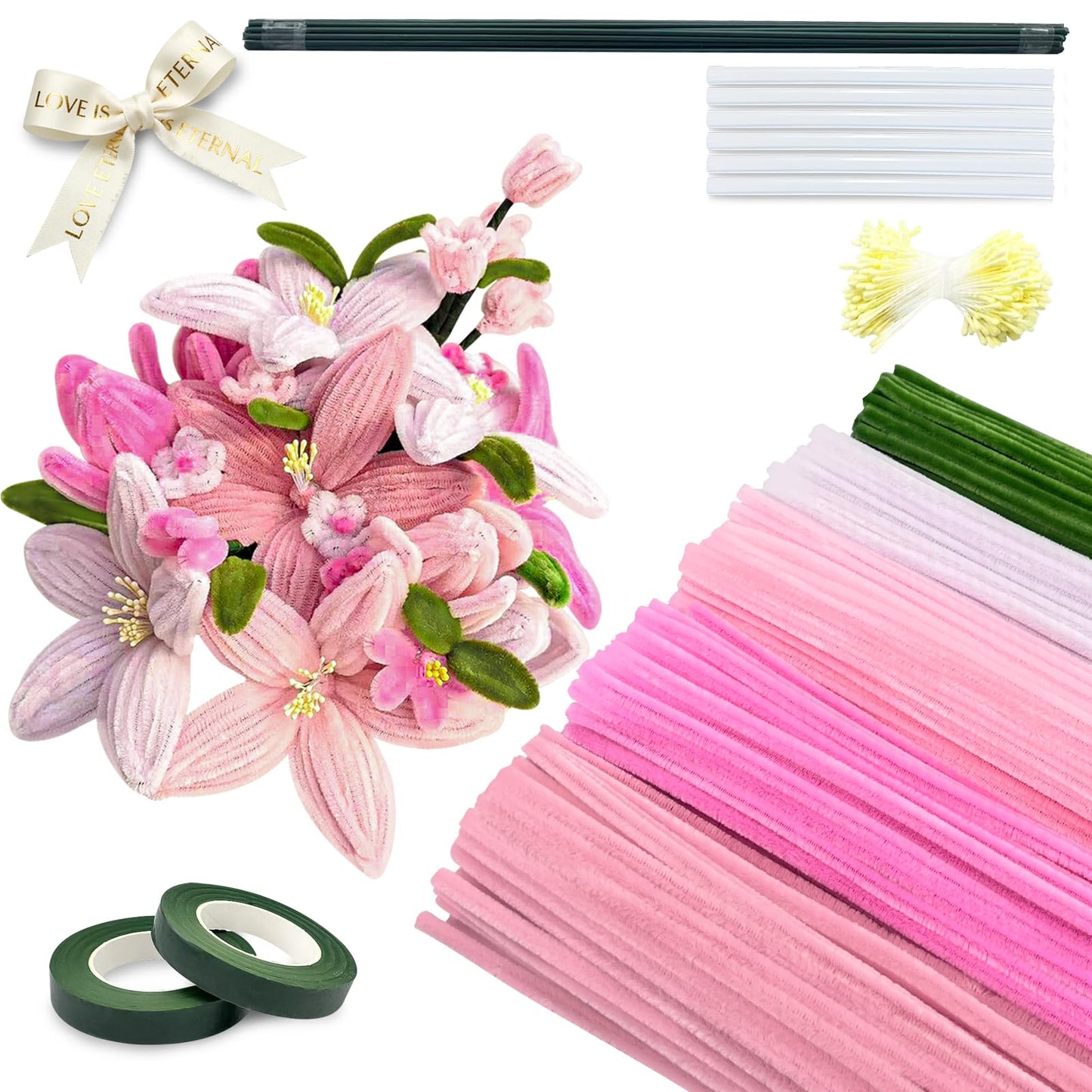 CITYBAN 400PCS Pipe Cleaners Craft,5 Assorted Pipe Cleaner Flower Kit,Kit with Floral Wires, Gardening Tape, Stamen, Floral & Ribbon, Pipe Cleaners Bulk,Ideal for DIY Projects