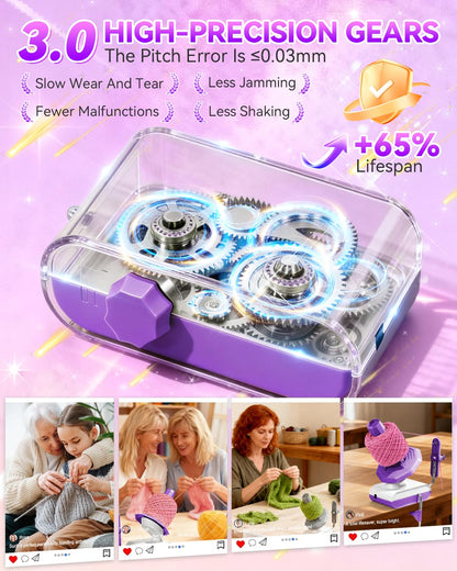 5.0 Upgraded Electric Yarn Winder【Top1 RPM German Motor】【SGS-Grade Precision Gears】Wool Yarn Ball Winder Compact Automatic for Crocheting Super Strong Tension, Ideal for Home and Studio (Purple White)