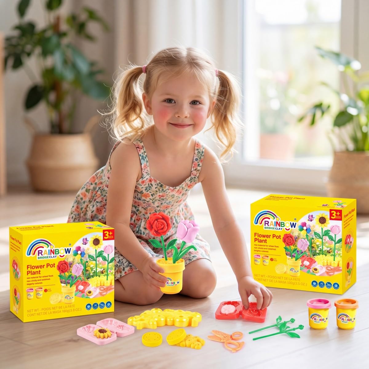 Clay Flower Pot Plant Play Set - 15PCS Modeling Dough Play Kit for Kids Ages 3-8, Non-Toxic Playdough with Molds & Tools, Easter/Christmas Gift for Toddlers Boys Girls Arts Crafts