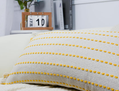 16 26,Clasic Decorative Farmhouse Fringed Long Lumbar Throw Pillow Cover x Striped Textured Cotton Boho Decor Long