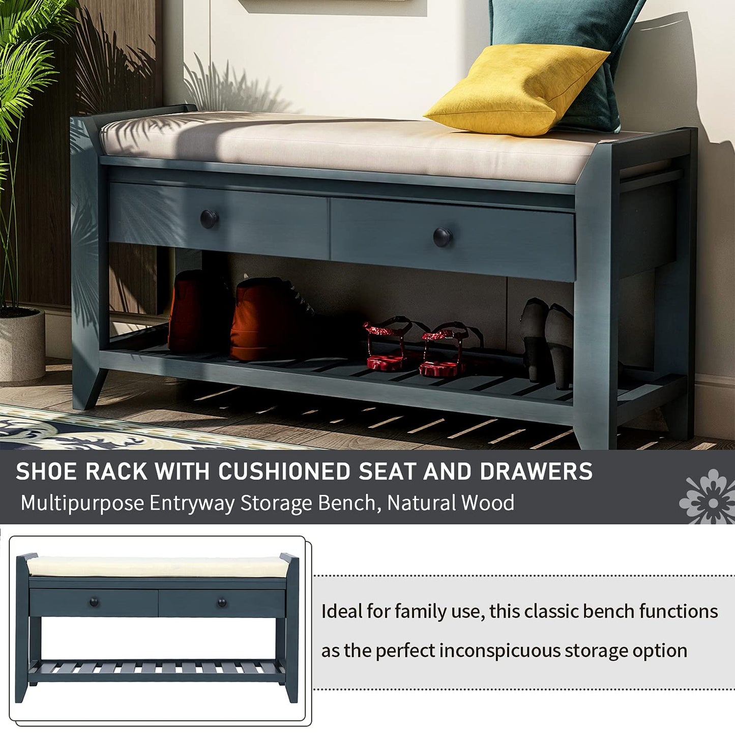 Acosure 42″ Storage Bench with 2 Drawers and 2 Cabinets，Multipurpose Entryway Shoe Rack W/Removable Cushion，for Living Room Hallway Porch,White