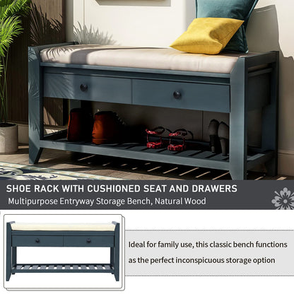 Acosure 42″ Storage Bench with 2 Drawers and 2 Cabinets，Multipurpose Entryway Shoe Rack W/Removable Cushion，for Living Room Hallway Porch,White