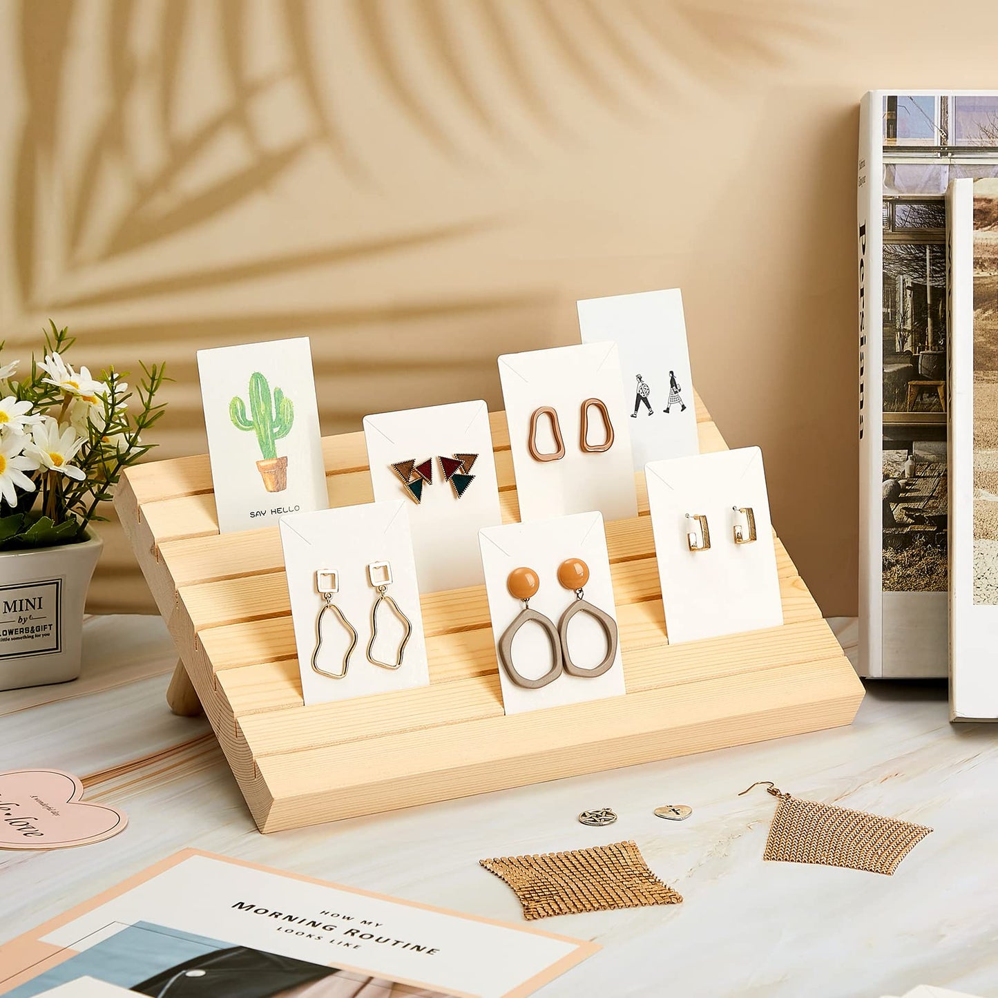 Blulu 31 Pack Wooden Earring Display Stand 7 Slots jewelry Display Holder with Earring Card for Selling Vendors Retail Show(Wood, White)