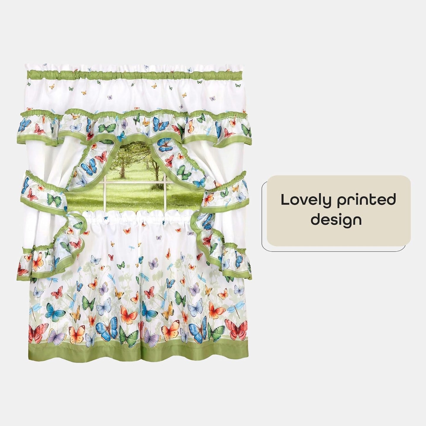 Printed Cottage Window Curtain Set - 57 Inch Width, 24 Inch Length - Green Butterflies - Polyester Soft Treatment