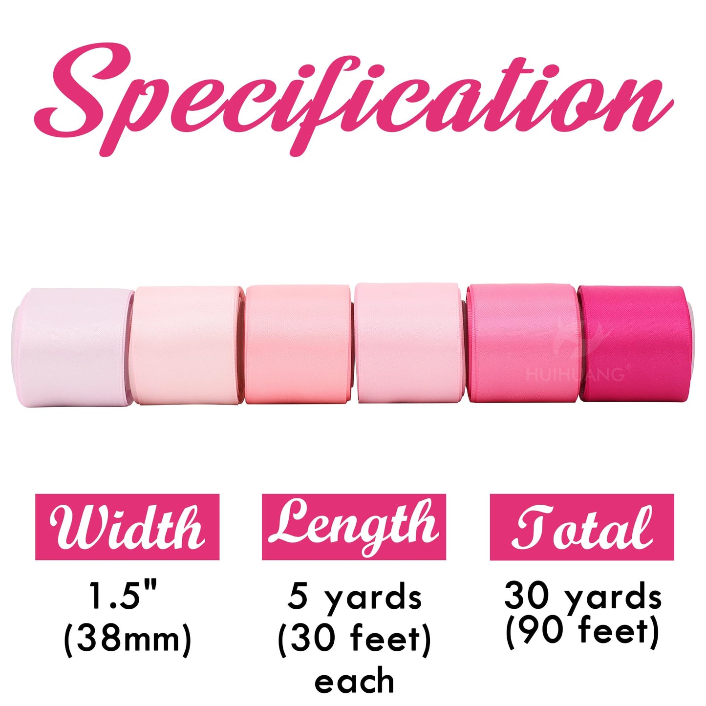 HUIHUANG Pink Ribbon 1-1/2" Satin Ribbon Assorted Pink/Hot Pink Satin Ribbons for Flower Bouquet, Gift Wrapping, Hair Bows Crafts, Wedding Bridal Shower Decor- 6 Rolls, Total 30 Yards
