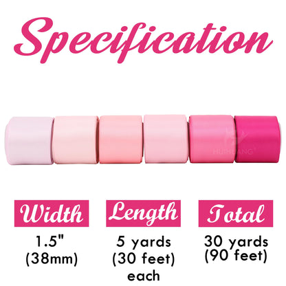 HUIHUANG Pink Ribbon 1-1/2" Satin Ribbon Assorted Pink/Hot Pink Satin Ribbons for Flower Bouquet, Gift Wrapping, Hair Bows Crafts, Wedding Bridal Shower Decor- 6 Rolls, Total 30 Yards