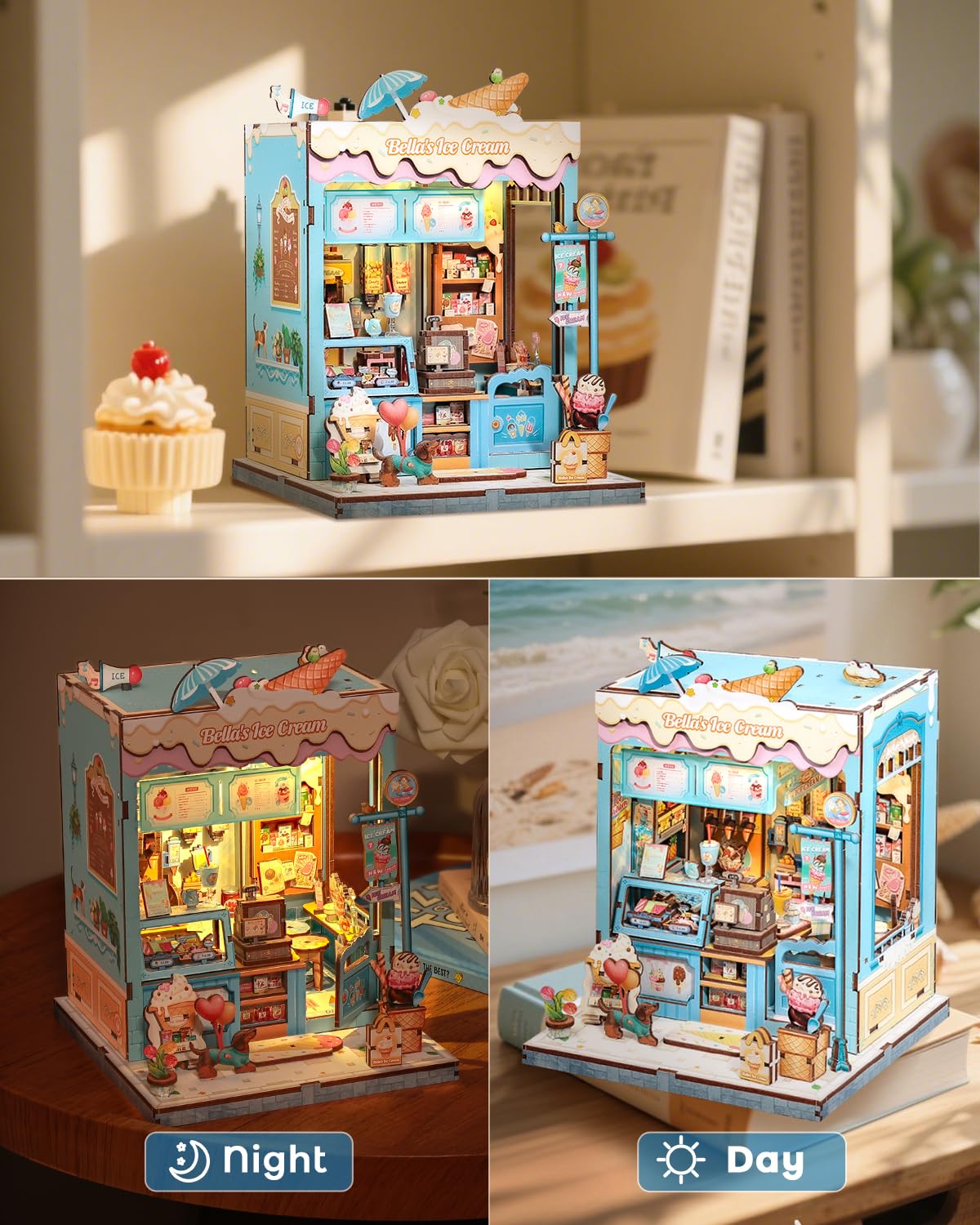 CUTEBEE Book Nook Kit, DIY Miniature House Kits for Adult and Teens, Dollhouse Booknook Tiny House, Bookshelf 3D Wooden Puzzle, DIY Craft Gifts for Family and Friends (Bella's Ice Cream)