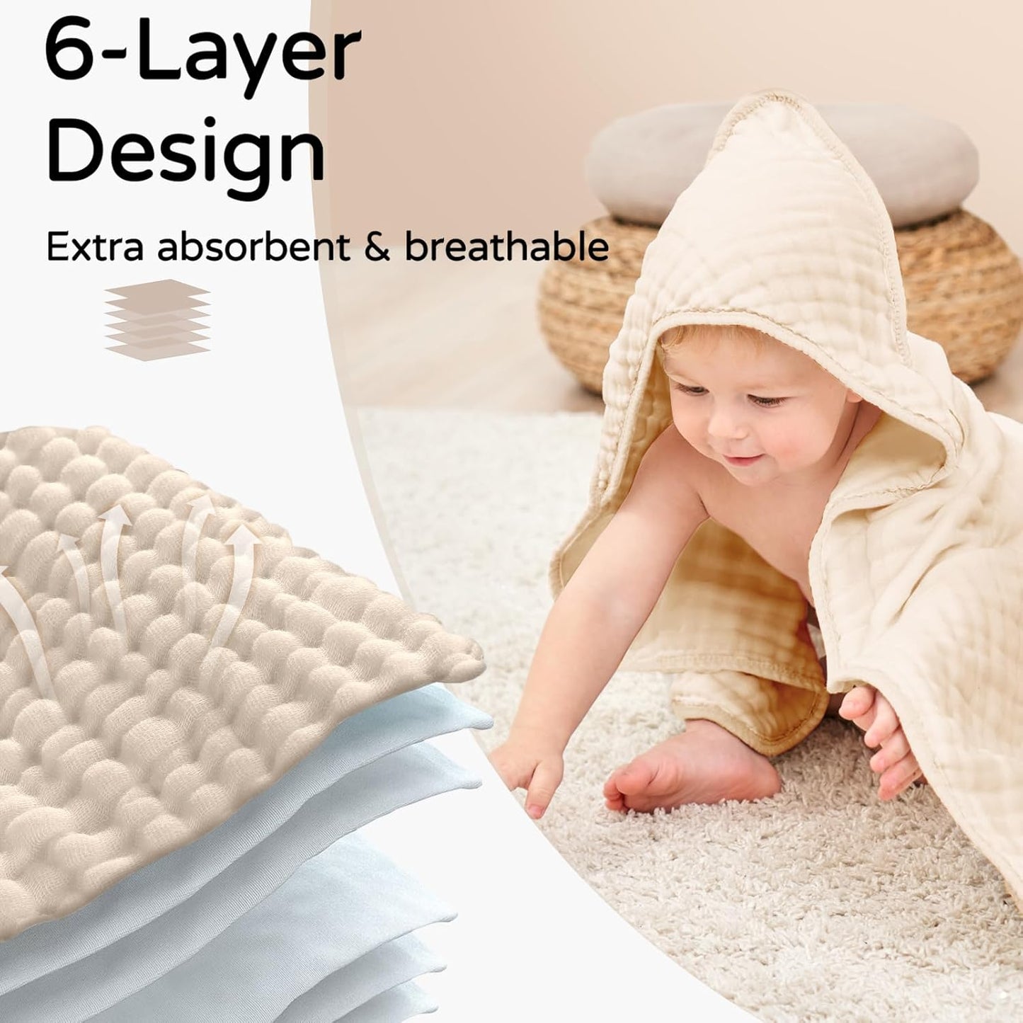 Yoofoss Hooded Baby Towels - 100% Muslin Organic Cotton Bath Towels for Newborns | 2-Pack, Soft & Absorbent, 32x32 Inch, Apricot & Green