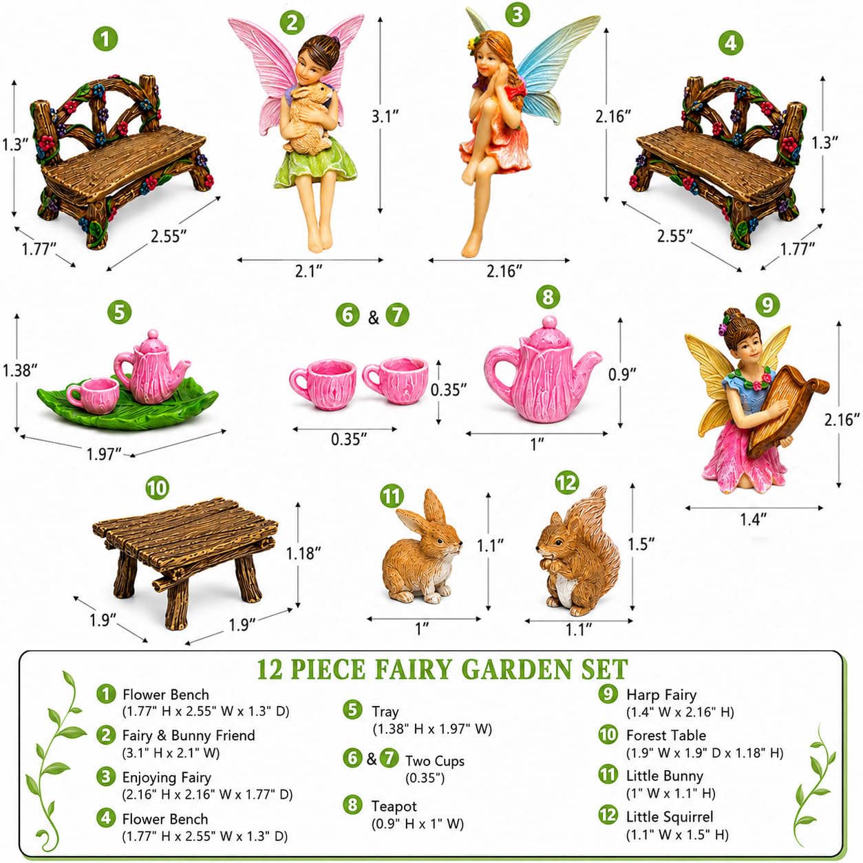 Mood Lab Fairy Garden Figurines - Miniature Decor Set (12 pcs) - Statues & Accessories - Outdoor & Indoor Garden Decor