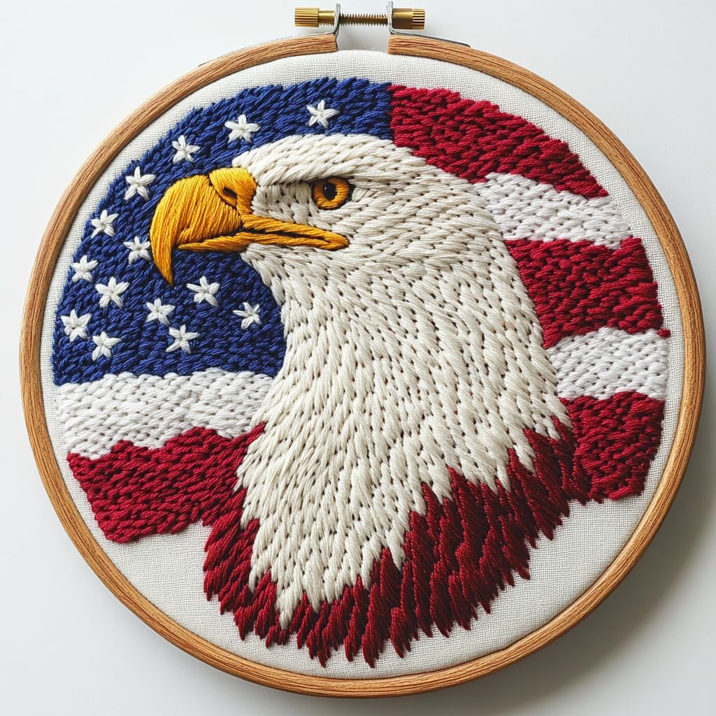 DIY Punch Needle Kits for Beginners Eagle and Flag with Hoop Embroidery Punch Needle Starter Set Easy for Adults and Kids Festival Gift and Decor 20x20cm-2