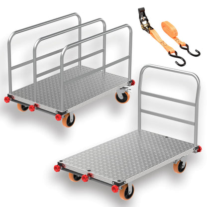 SCBoutique 3000 LBS Heavy Duty Steel Panel Cart Dolly - 2-in-1 Drywall Lumber Truck with 44 x 28 Inch 2MM Steel Plate, 6 Inch Swivel Brake Wheels & 1 Front 3 Side Handrails