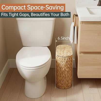 Coeusy Wicker Bathroom Trash Can with Lid,Narrow Rattan Waste Basket with Removable Liner Bucket,Slim Woven Water Hyacinth Garbage Can for Bedroom,Office,Small Spaces,3 Gallon