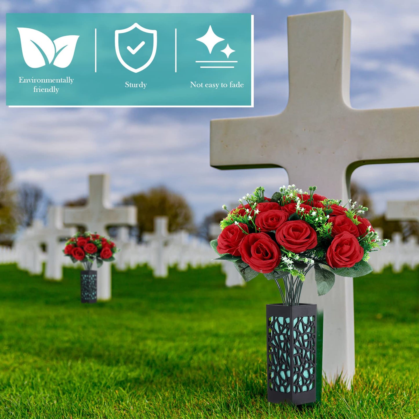 Yahenda 2 Sets Artificial Cemetery Flowers 36 Heads Rose with 2 Grave Markers Flower Holder Vase with Drainage Hole Long Spikes and 2 Floral Foam Blocks for Outdoor Memorials (Red)