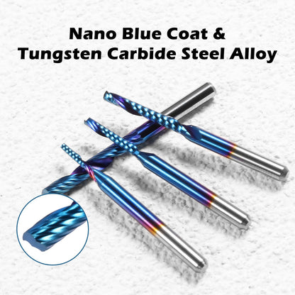 Genmitsu 1/8 Inch Shank 10pcs Carbide Spiral O Flute (Single Flute) End Mill CNC Router Bits, Solid Nano Blue Coat, for Woodworking Cutting Carving Wood Acrylic PVC PCB MDF, OS10A
