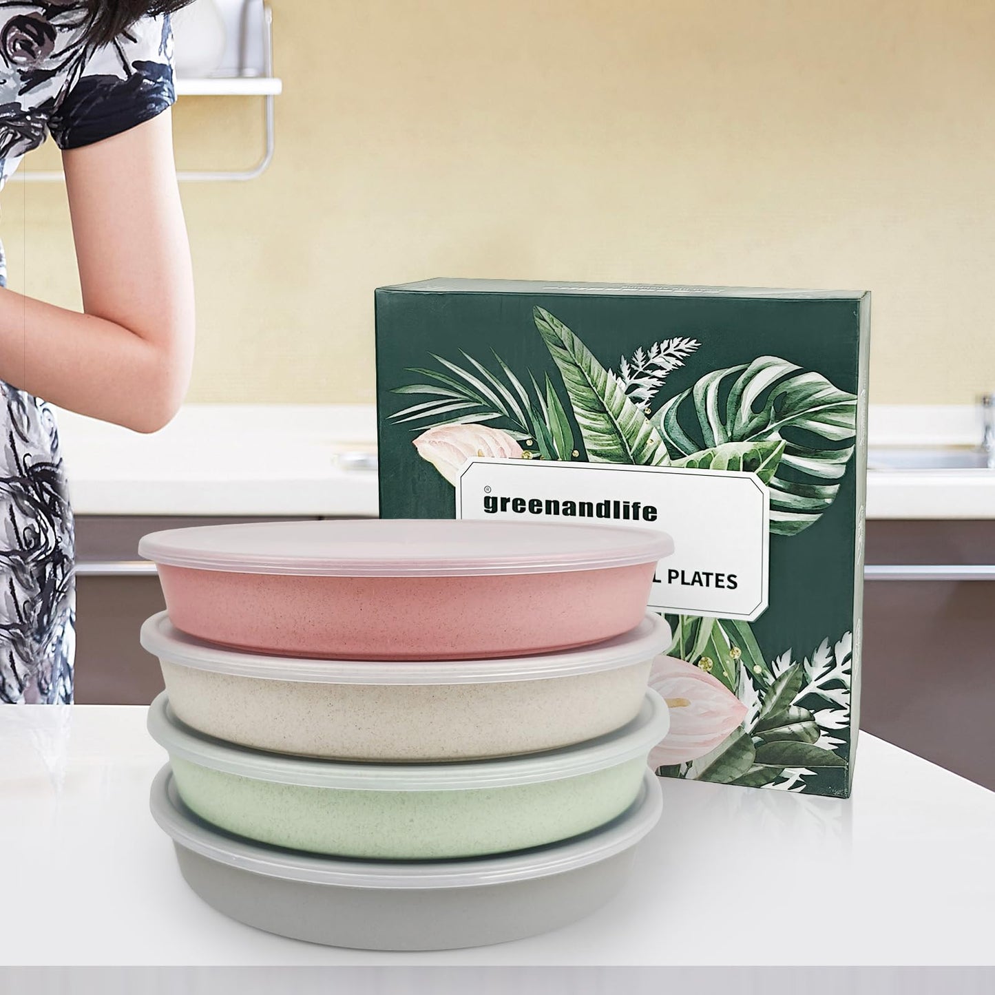 greenandlife 9 Inch 4PCS Divided Plates with Lids, Portion Control Plates for Kids Adults, Dishwasher Microwave Safe Compartment Plate, Unbreakable Lightweight Reusable Wheat Straw Plate Set, INS