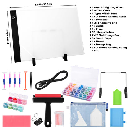 Diamond Painting Storage Accessories Kit with A4 LED Light Pad, Bead Organizers, Drill Pens, Storage Boxes, and Tools (A4 Light Pad Kit)