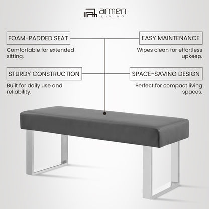 Armen Living Amanda Bench in Grey Faux Leather and Chrome Finish 48 x 19 x 18