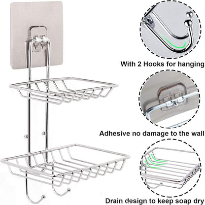 2 Tier Soap Dish with Hooks - Stainless Steel Wall Mounted Soap Holder for Shower Bathroom Kitchen, No Drilling