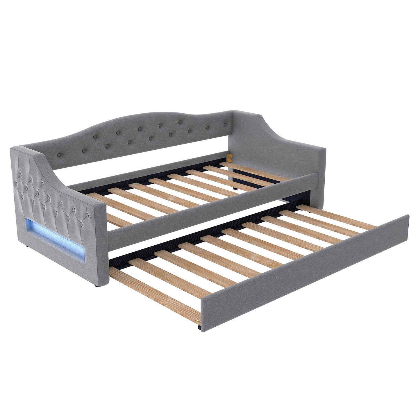 DNYN Twin XL Upholstered Daybed with Trundle(Twin) for Kids,Adults,Solid Wood Bedframe w/Led & Fabric Backrest Design,No Box Spring Needed & Easy Assembly, Gray