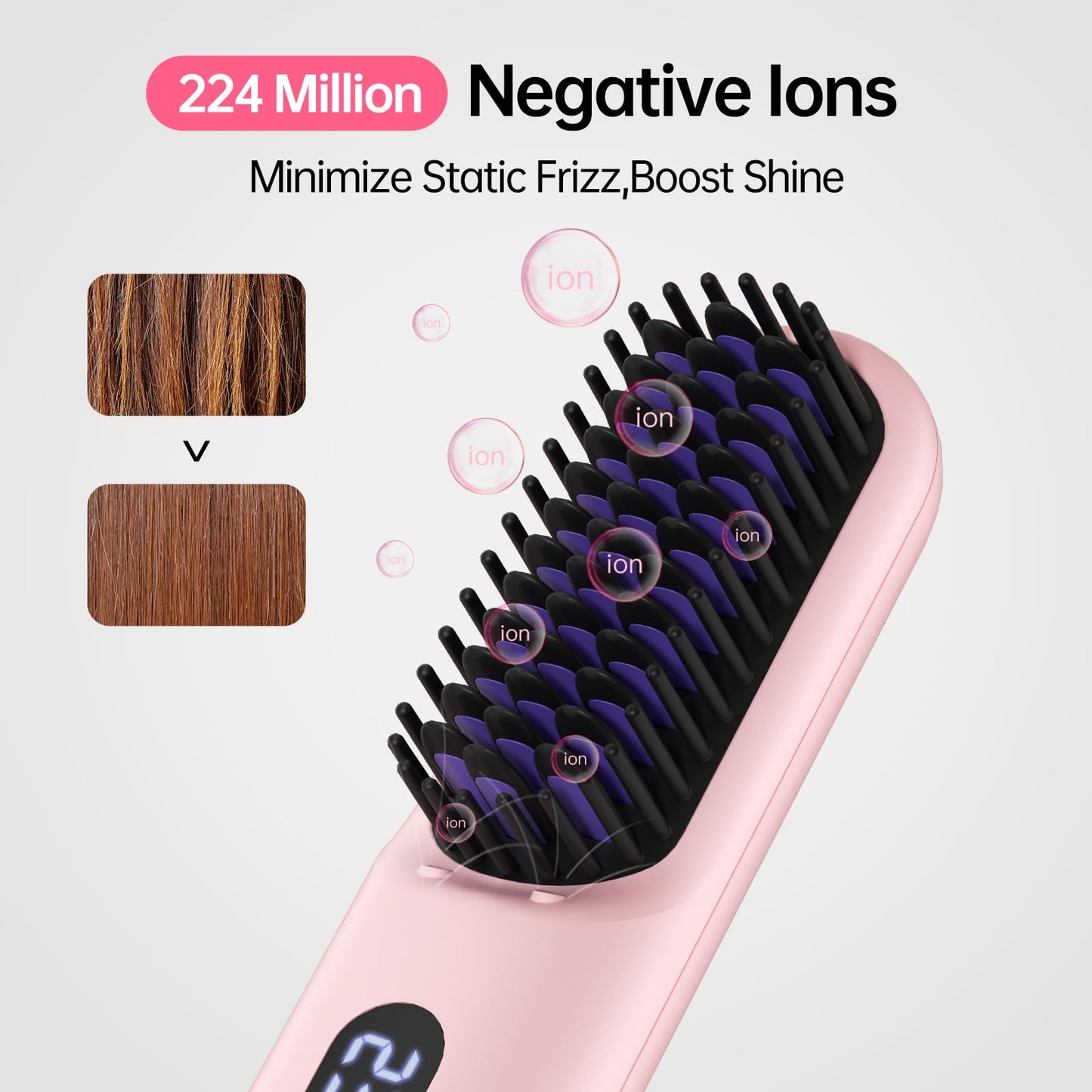 Cordless Hair Straightener Brush-Portable Straightening Comb, 9600mAh Batt, Plasma Tech, 9 Temp-Settings & LED Display, for Travel & Home(Pink)