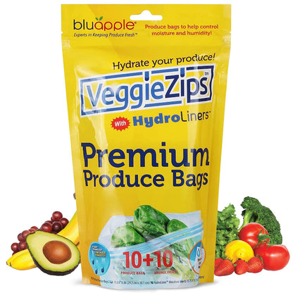 Bluapple VeggieZips Premium Produce Storage System - 40 Piece Set, 20 Food Saver Bags + 20 HydroLiners, Keep Produce Fresh Longer, Washable & Reusable Bags with Humidity Control for Fruit & Vegetables