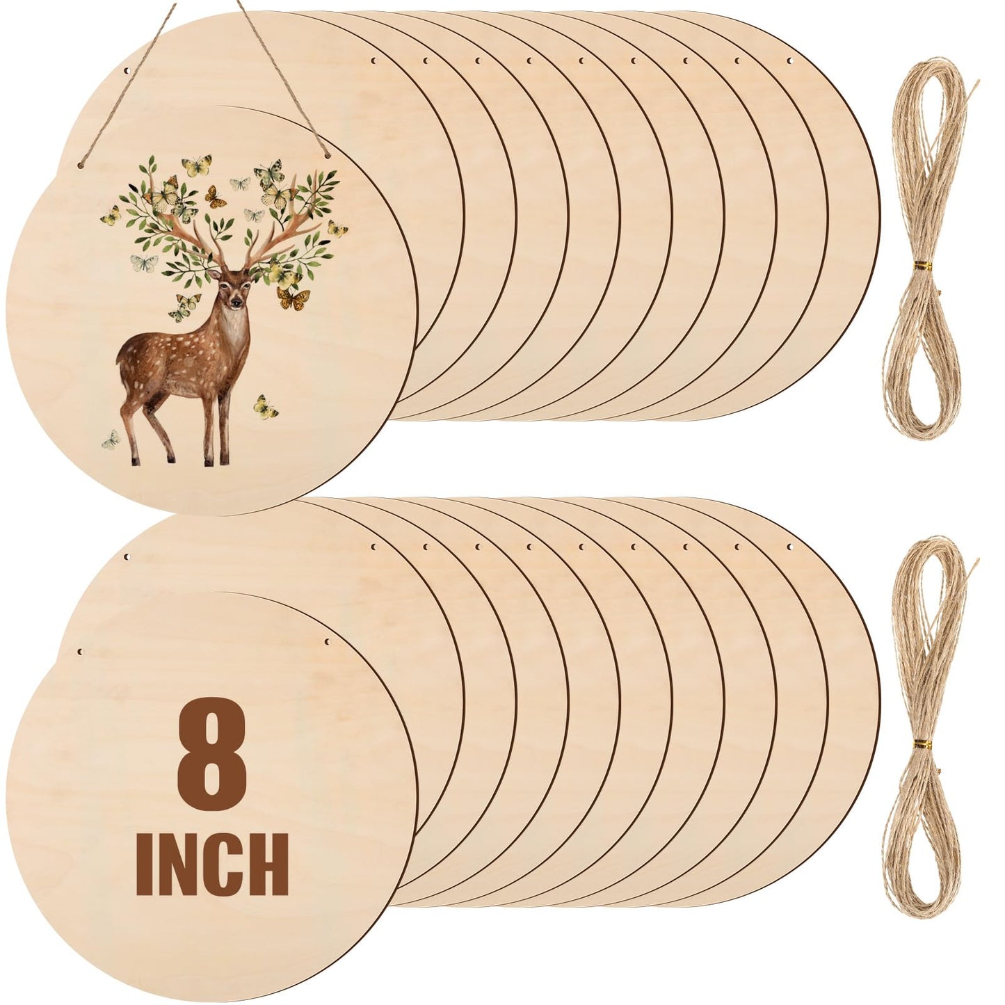 Suzile 20 Pcs Blank Wood Rounds Unfinished Wooden Crafts Signs Circles Discs for DIY Christmas Home Decor Painting Door Hanger Design(8 Inch)