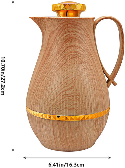 Insulated Thermal Coffee Carafe, 33 oz, Arabic-Style Thermos Flask, Coffee Tea Pot for Hot Cold Water, Wood Color