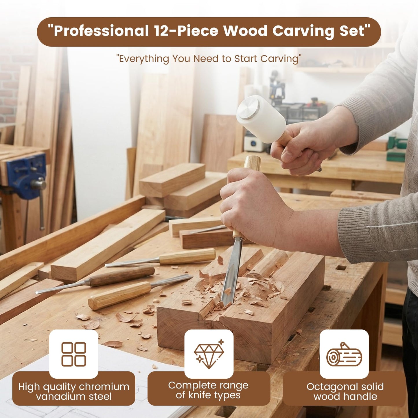 Wood Carving Kit – 12 PCS Professional Wood Carving Tools Set with Mallet & Canvas Case, Pre-Sharpened CR-V 60 Steel Gouges and Chisels for Whittling, Spoon Carving, Beginners & Professionals