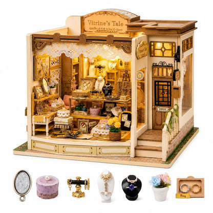 DIY Miniature House Kit, 428 PCS Jewelry Shop DIY Book Nook Kit with LED, 3D Wooden Puzzle Miniature Doll House Kit for Arts and Crafts Decor - Unique Tiny Home Kits Gifts for Women & Adults