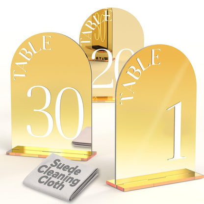 Framokoko Mirror Arched Wedding Table Numbers 1-30 with Stands, 5"x7" Double-sided Letter, Acrylic Wedding Signs Centerpiece Decoration for Wedding Reception Party (Gold, Table Numbers 1-30)