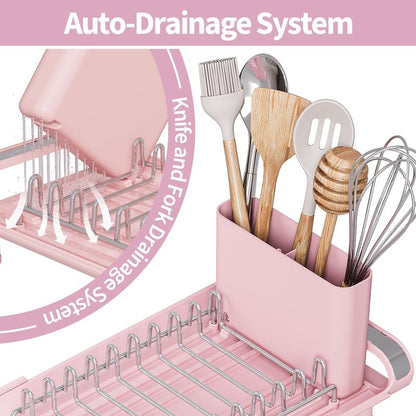 TOOLF Small Dish Drying Rack, Mini Expandable Compact Dish Rack, Slim Extendable Stainless Steel Dish Drainer for Kitchen Plate Storage, Space Saving Dish Strainer in Sink or on Home Countertop, Pink
