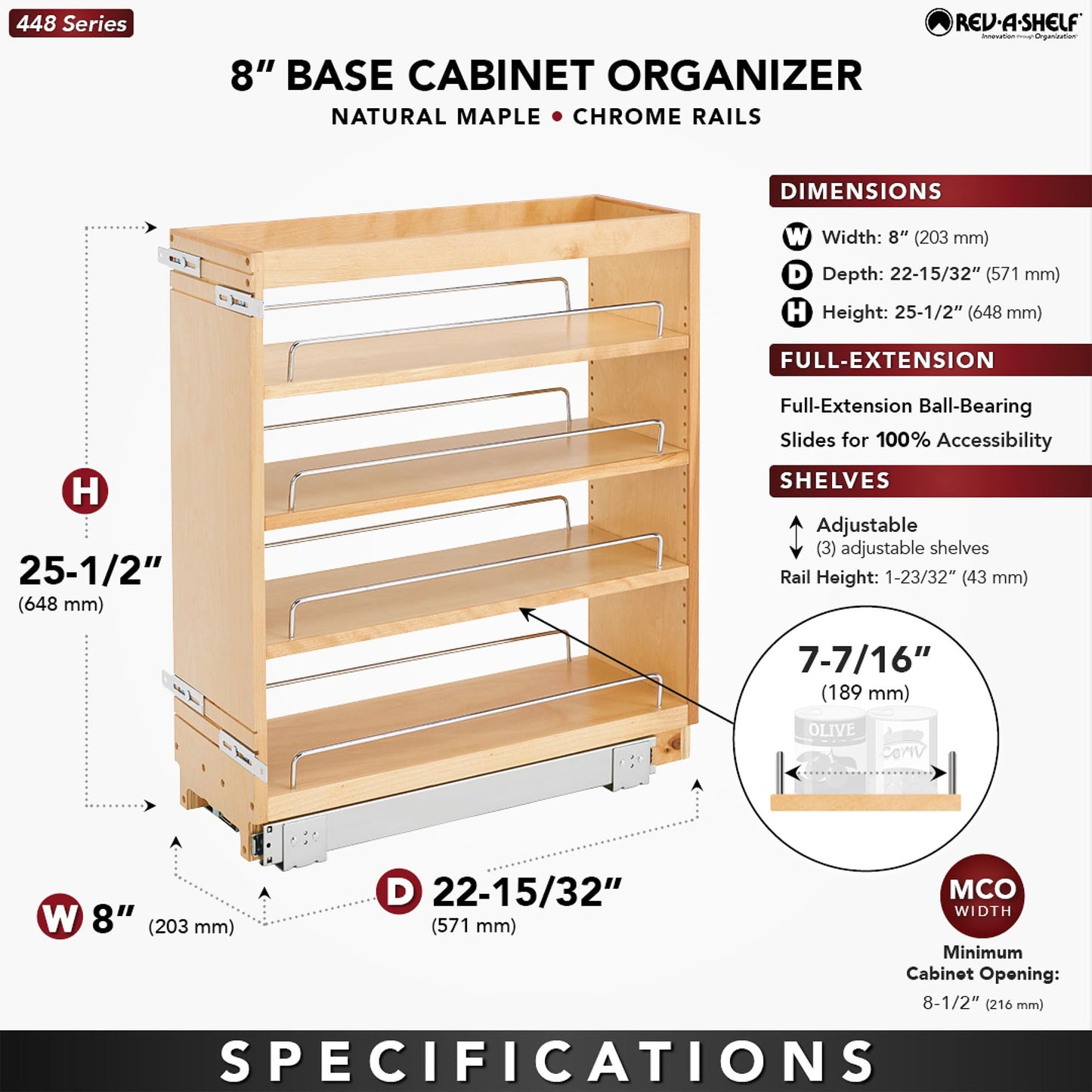 Rev-A-Shelf 6.5" Pullout Kitchen Cabinet Storage Organizer Slide Out Pantry Spice Rack with Adjustable Shelves, Natural Maple, 448-BC-6C