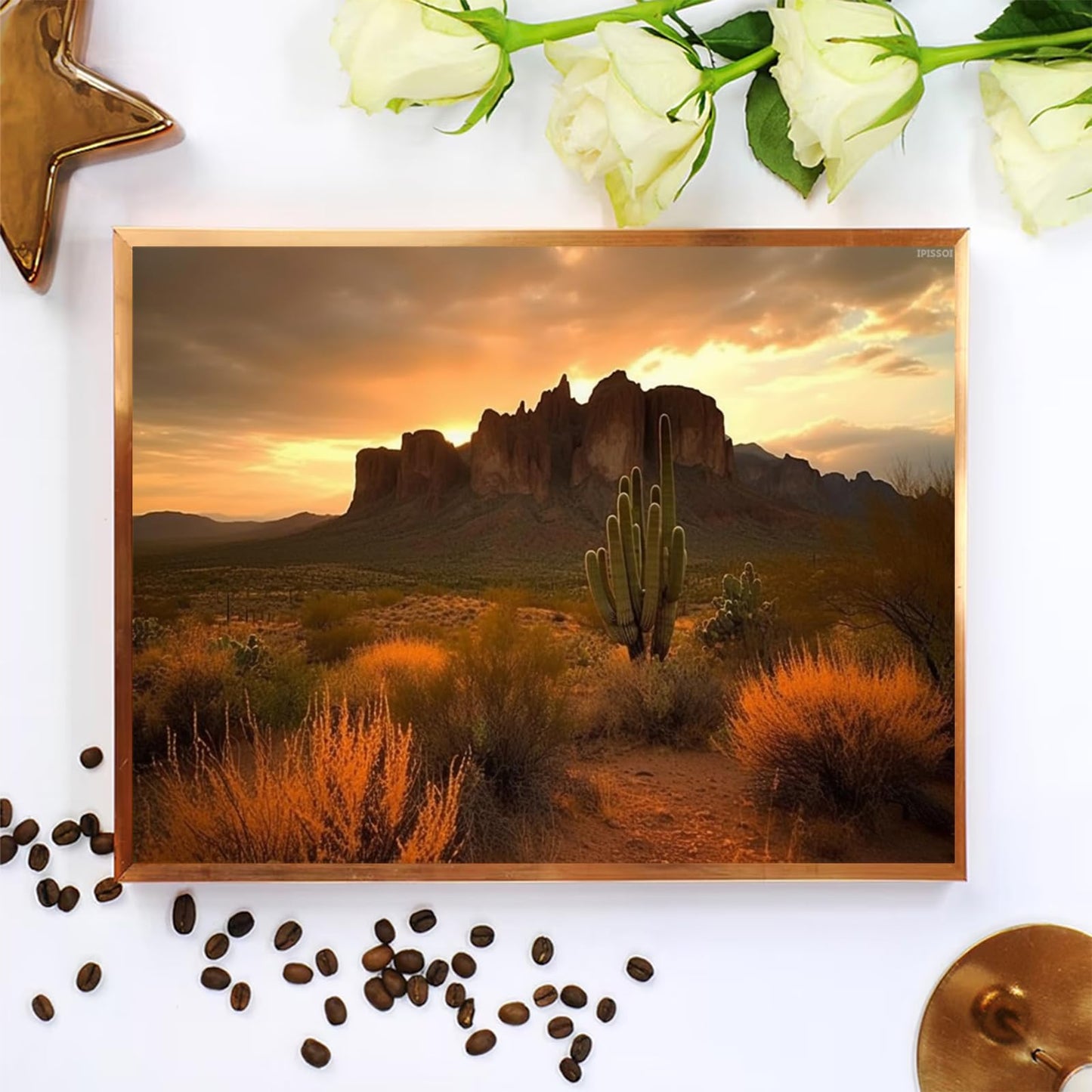 IPISSOI DIY 5D Diamond Art Kits Painting for Adults Superstition Mountains Sunset Arizona Western Desert Cactus Landscape Nature 12x16inch