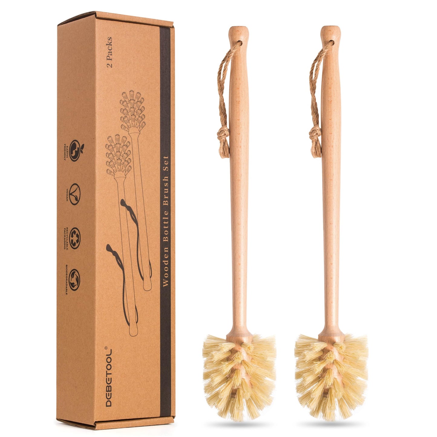 DEBETOOL 2-Pack Natural Wooden Bottle Brush with Sisal Bristles, Long Handle Bottle Brush Cleaner for Wide Mouth Jars, Water Bottles, Cups, Glasses, Baby Bottles (Non-Scratch)
