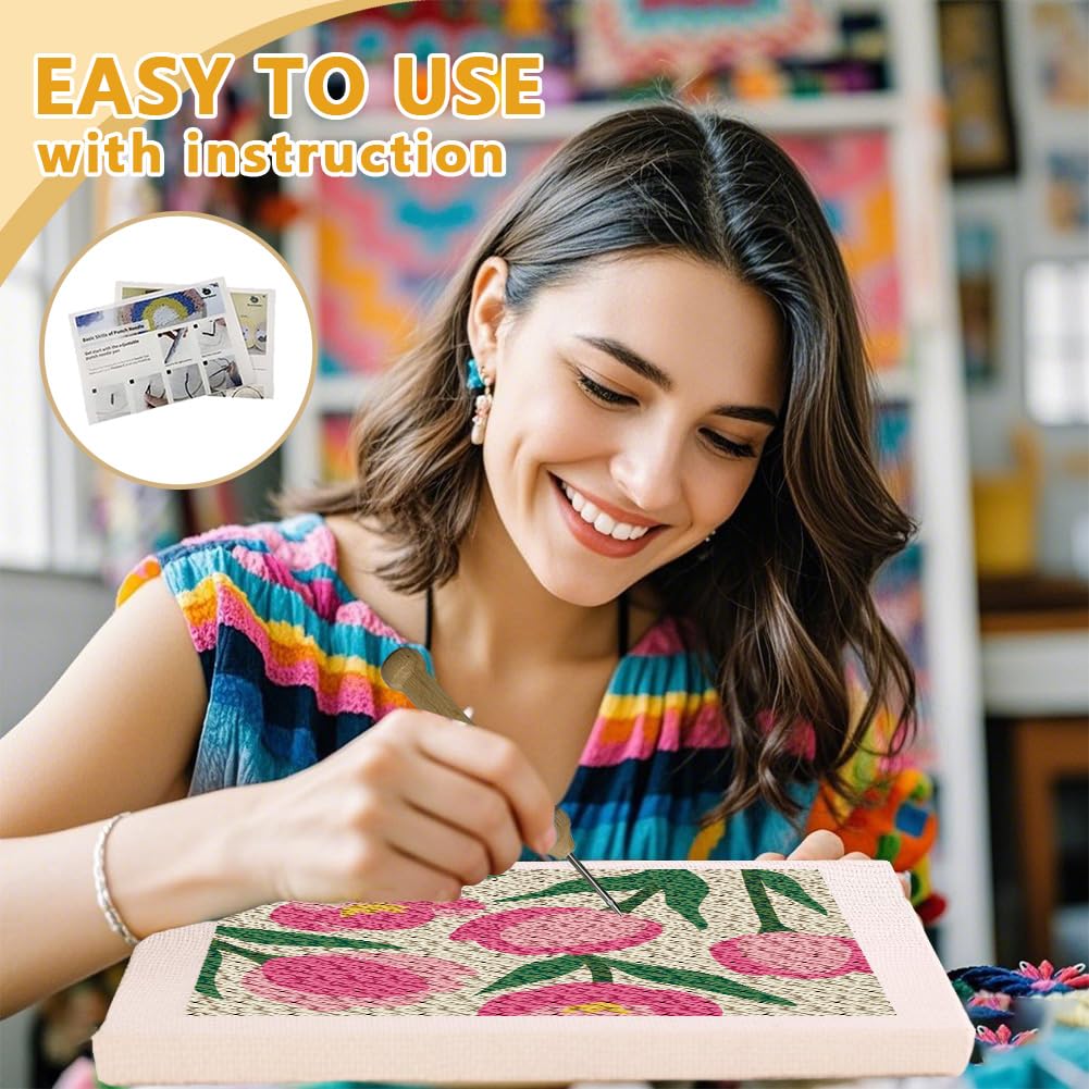 Doodlream Tulips DIY Punch Needle Embroidery Kit for Adult Beginner, 9.4" Flower Punch Stitching Craft Set for Starter with Frame, Fabric Pattern, Threader, Yarn, Pinch Needle