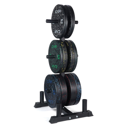 CAP Barbell 370 lb Economy - Speckled Olympic Plate Set with Traditional Plate Rack & Barbell Storage | 6 Weight Posts + 4 Barbell Holders