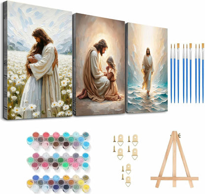 BAWKENTON 3 Pack Jesus Paint by Numbers Kits for Adults with Framed Canvas - with Wooden Easel, Number Artist Paint by Number on Canvas, DIY Acrylic Oil Painting Kits for Home Decor 9.45x11.84in