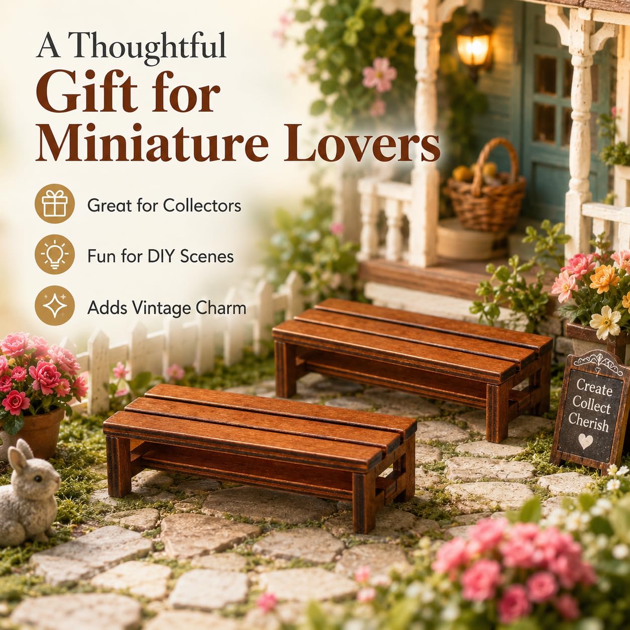 DECHOUS 2 Pack Miniature Wooden Bench for Dollhouse Furniture - Fairy Garden Bench Dollhouse Accessories for Doll House Garden Park Decoration